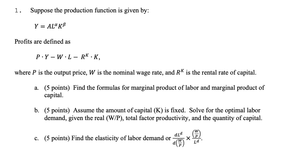 Profits are defined as P-Y-W-L RK-K, where P is the output price,