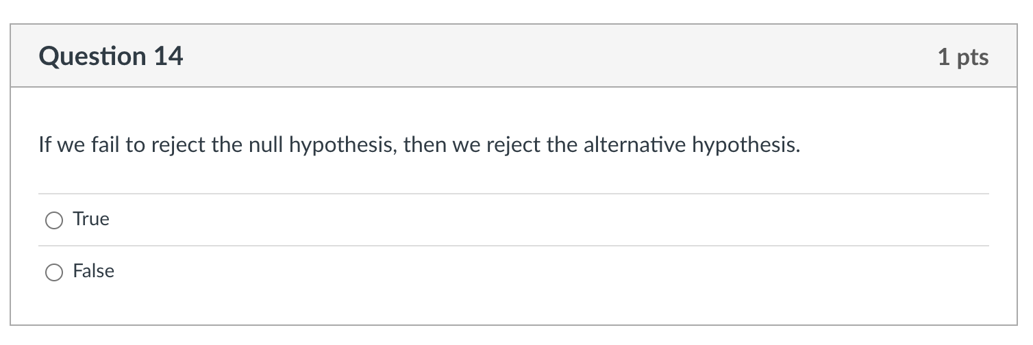 0 False Question 13 1 pts If we reject a null hypothesis,