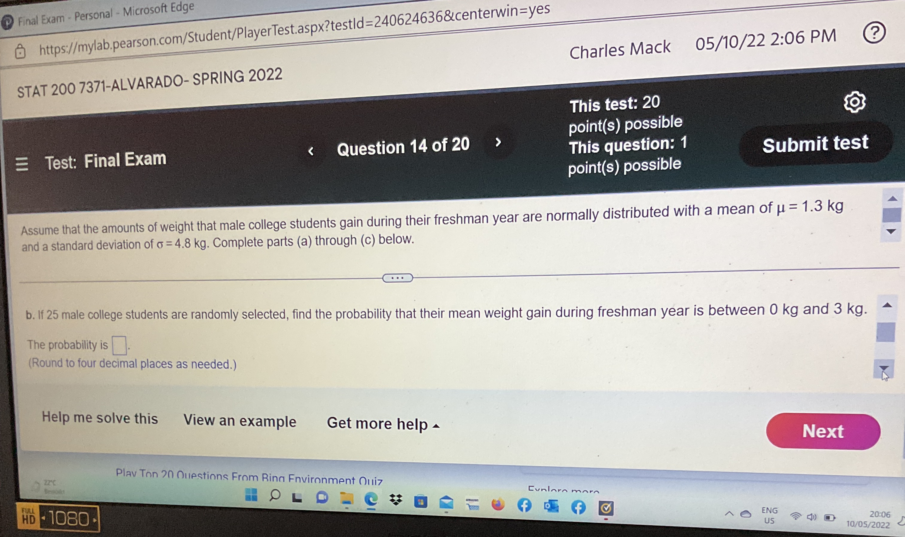 Mack 05/10/22 2:06 PM STAT 200 7371-ALVARADO- SPRING 2022 This test: 20