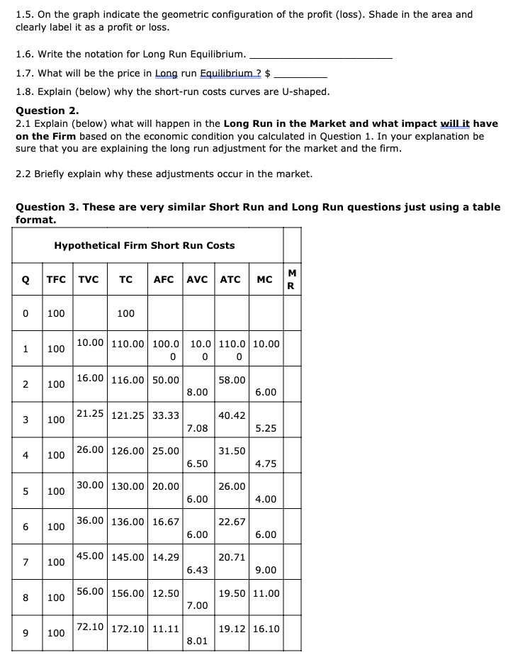 1103 Question 1 Hypothetical Firm's Short-run Cost Curves Q Of Ban-E's ___