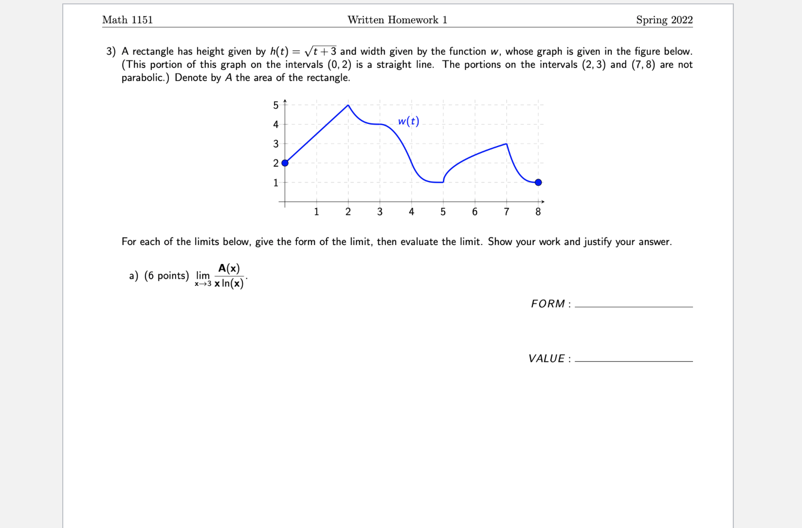 Math 1151 Written Homework 1 Spring 2022 3) A rectangle has