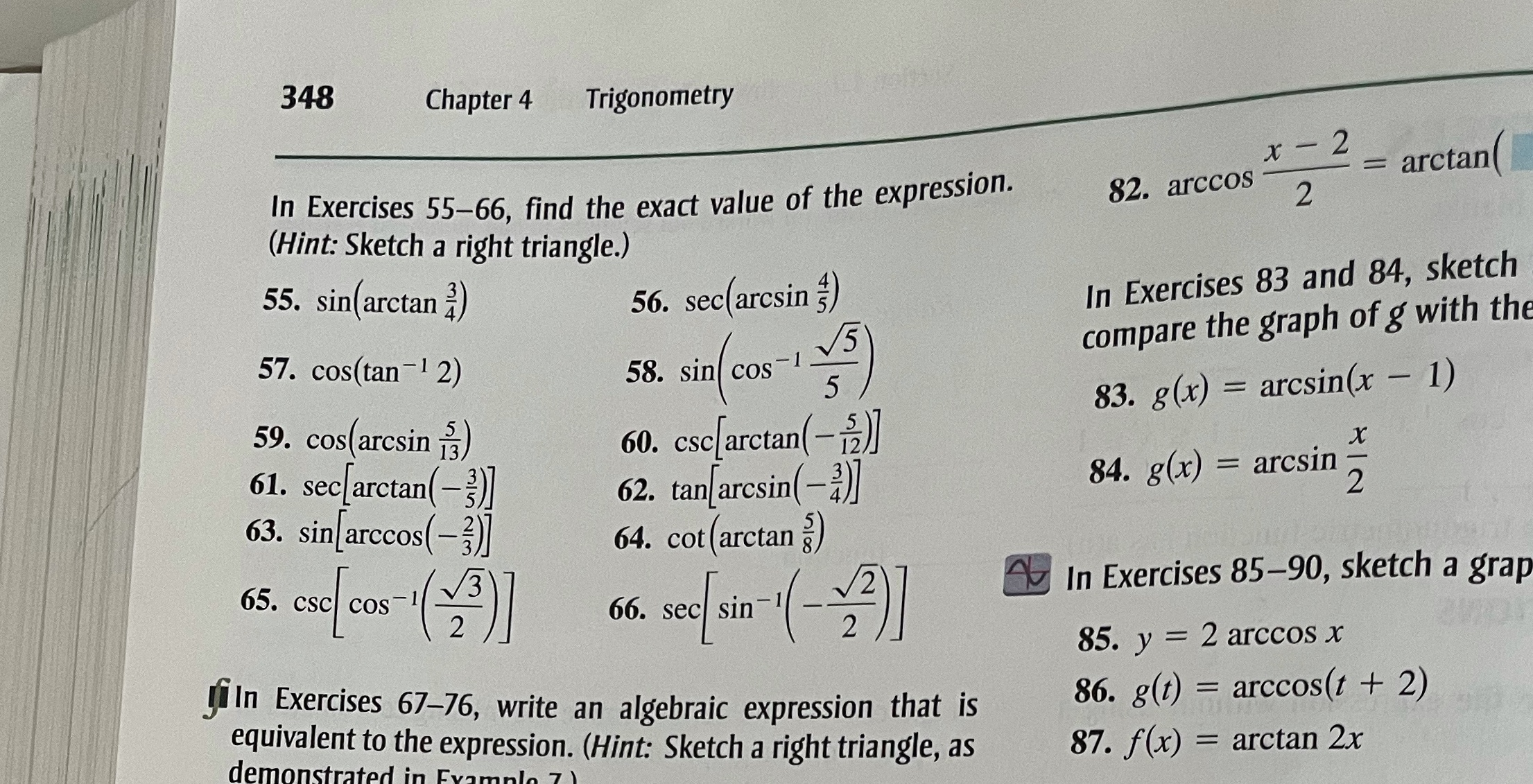 4 Trigonometry x - 2 In Exercises 55-66, find the exact value