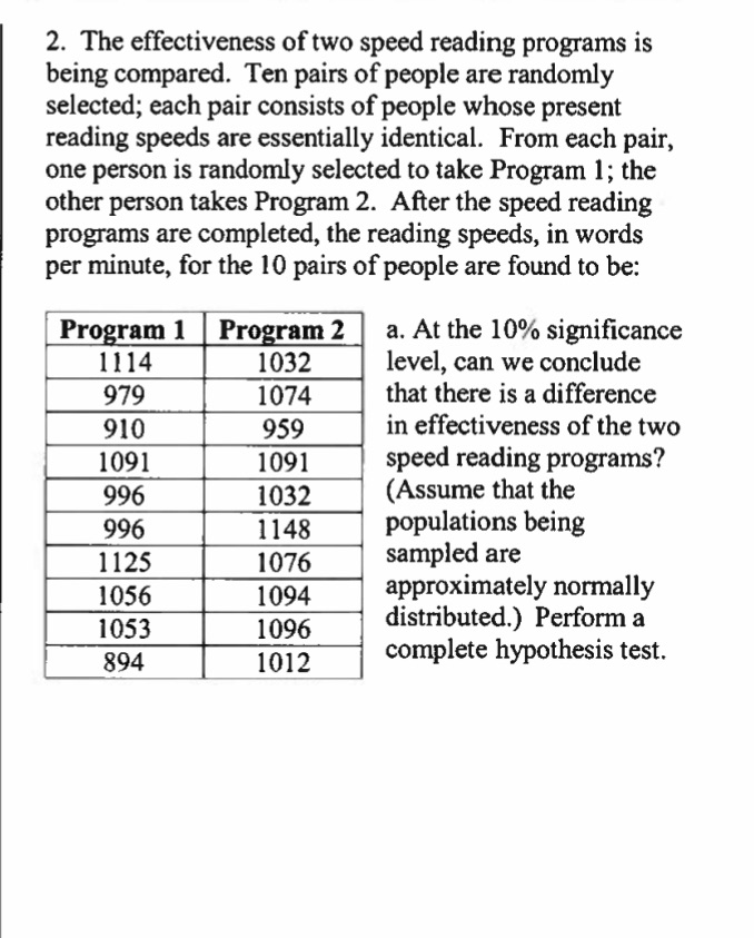 between the mean reading speeds of all people using program 1 and
