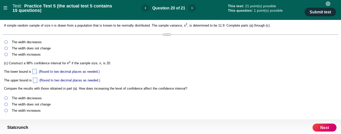 a confidence Interval for 02 If the sample size, n, is 20.