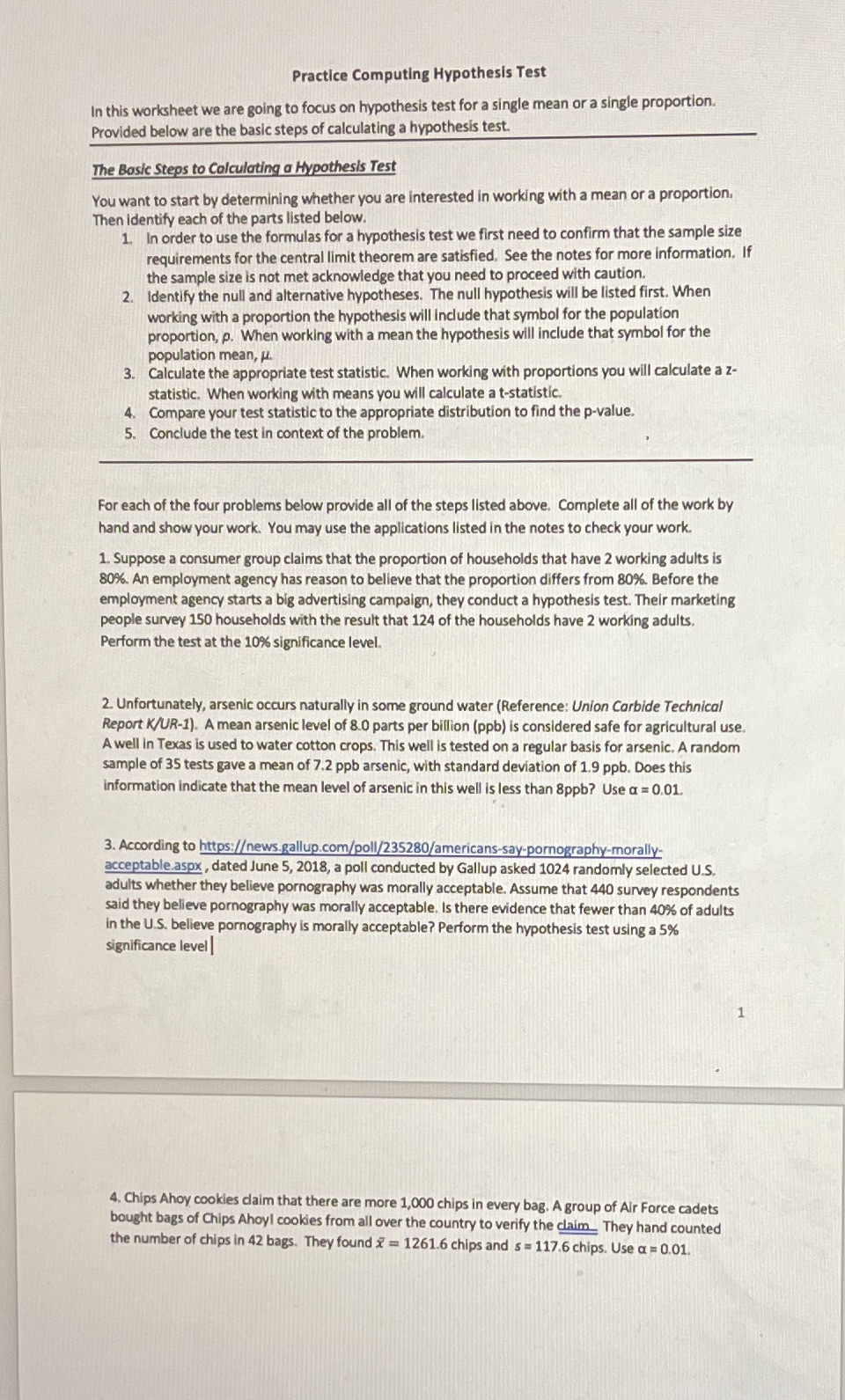  Practice Computing Hypothesis Test In this worksheet we are going to