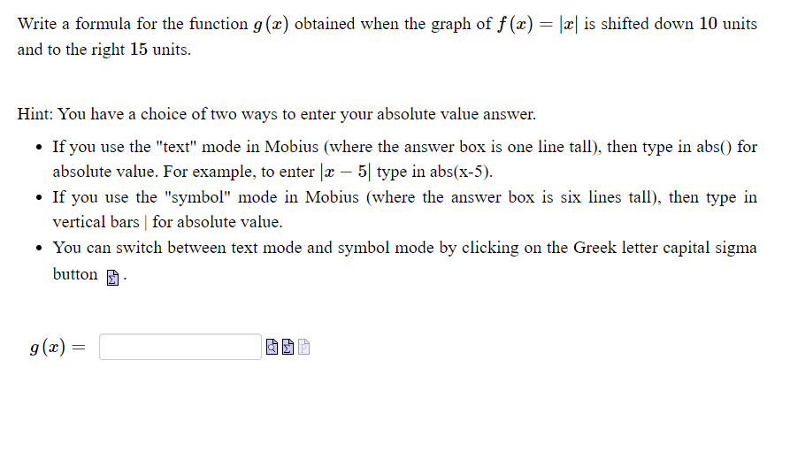 obtained when the graph of f(:17} = Iml is shifted down 10