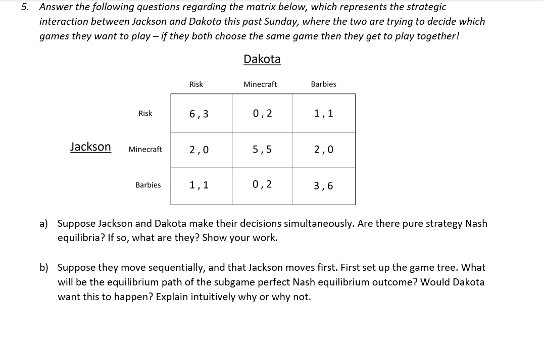 decision-making. 3. Find all of the pure strategy Nash Equilibria of the