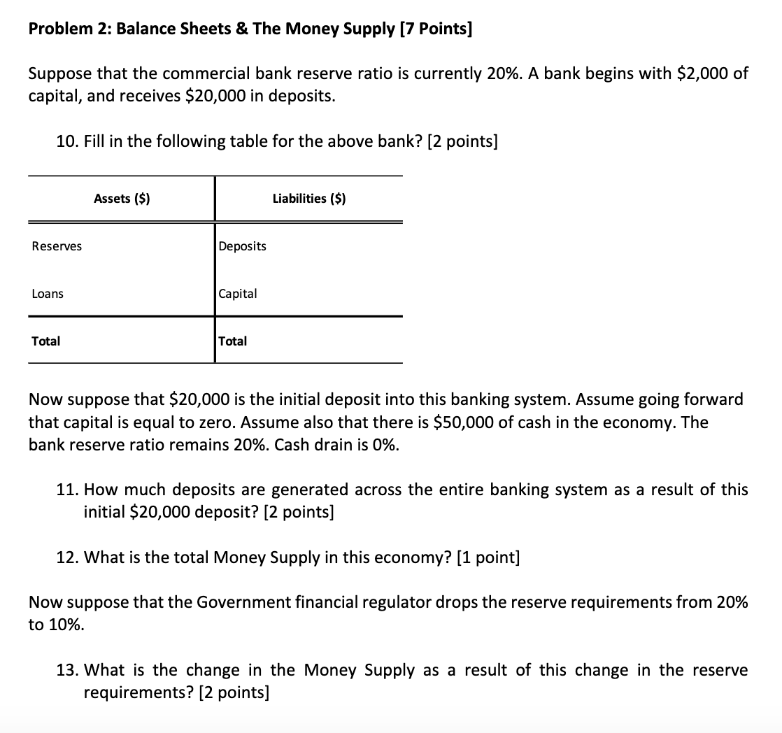  Problem 2: Balance Sheets & The Money Supply [7 Points] Suppose