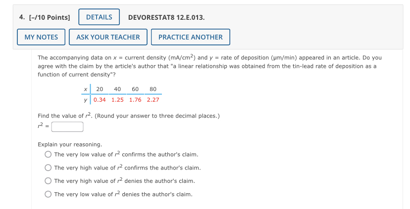  4. [-/10 Points] DETAILS DEVORESTAT8 12.E.013. MY NOTES ASK YOUR TEACHER