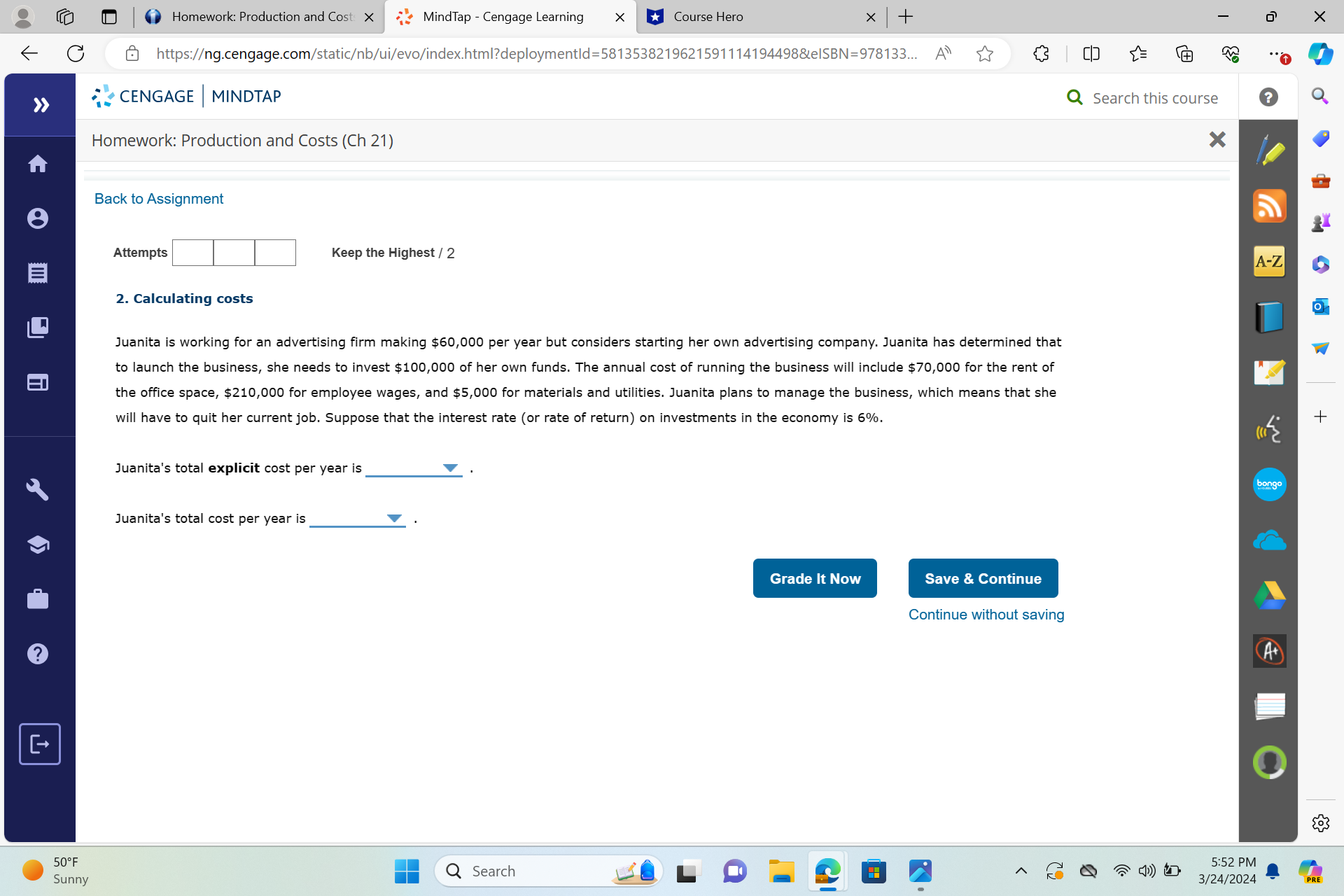  Homework: Production and Cost: X MindTap - Cengage Learning X Course