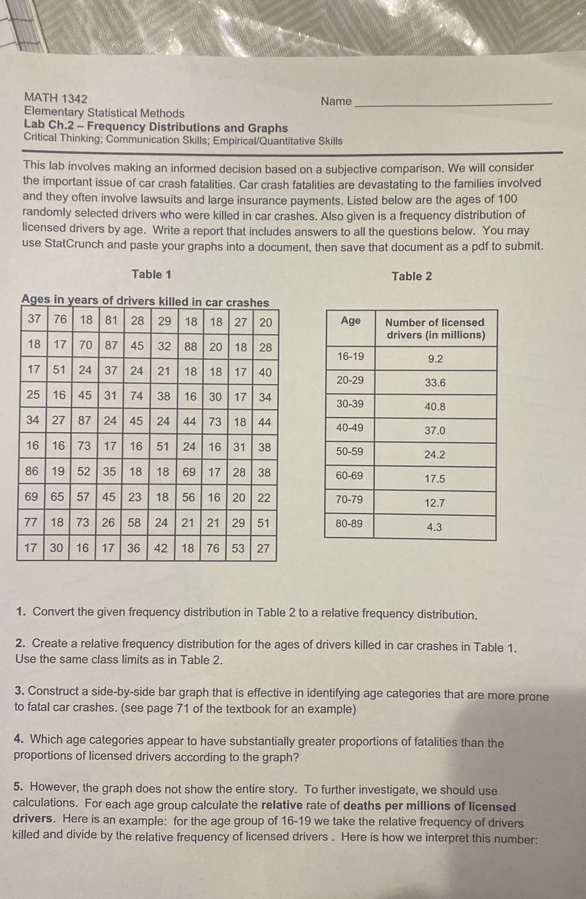  MATH 1342 Name Elementary Statistical Methods Lab Ch.2 - Frequency Distributions