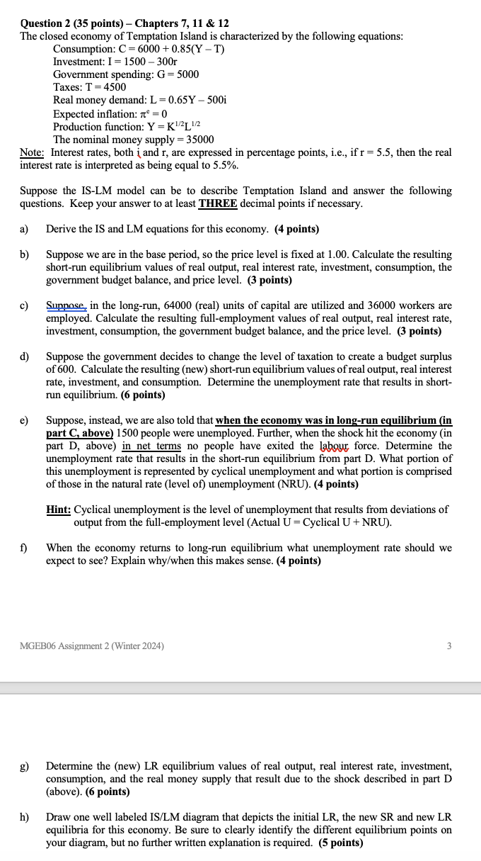  Question 2 (35 points) Chapters 7, 11 & 12 The closed