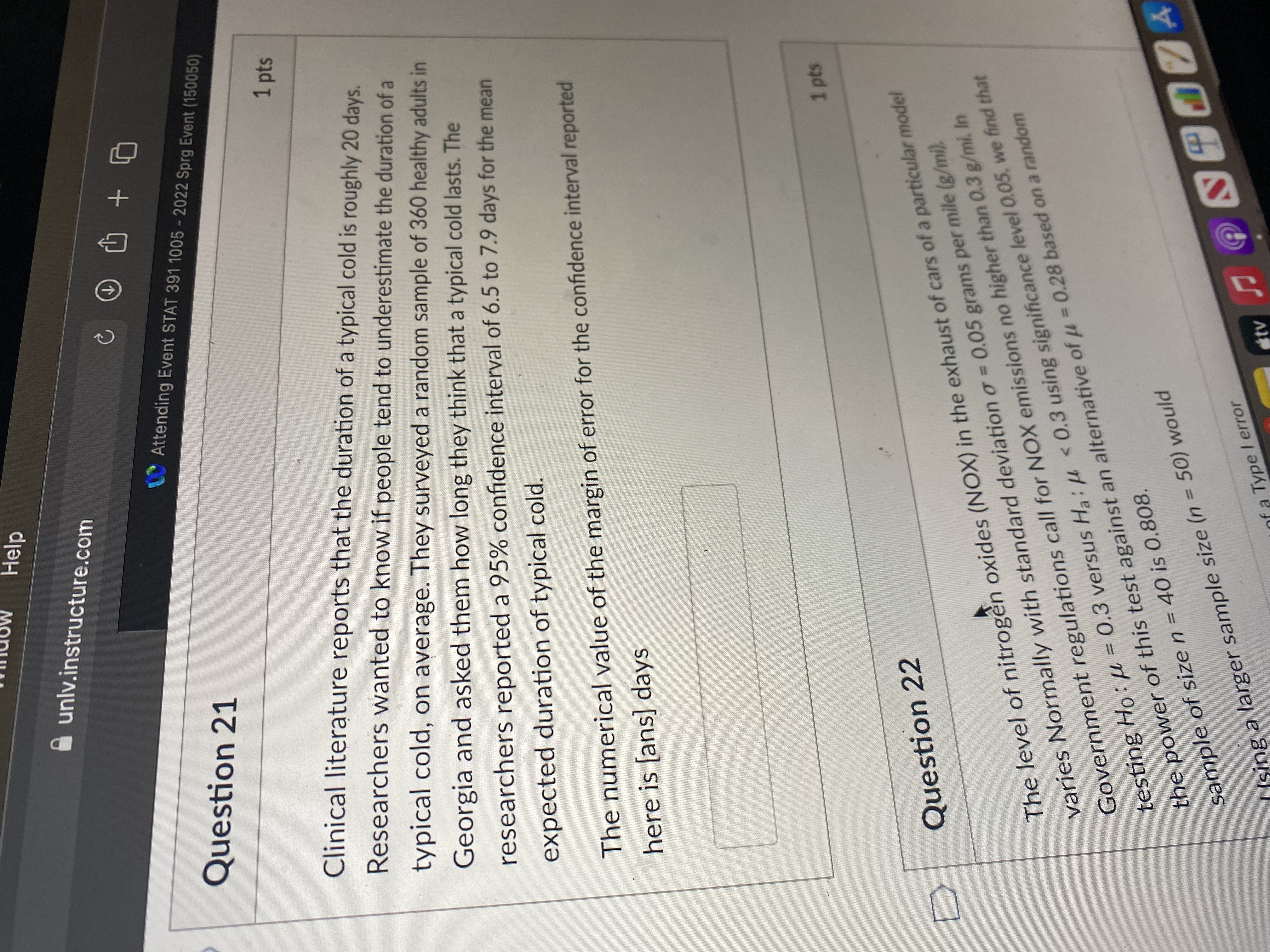 Help unlv.instructure.com Question 21 Attending Event STAT 391 1005 - 2022