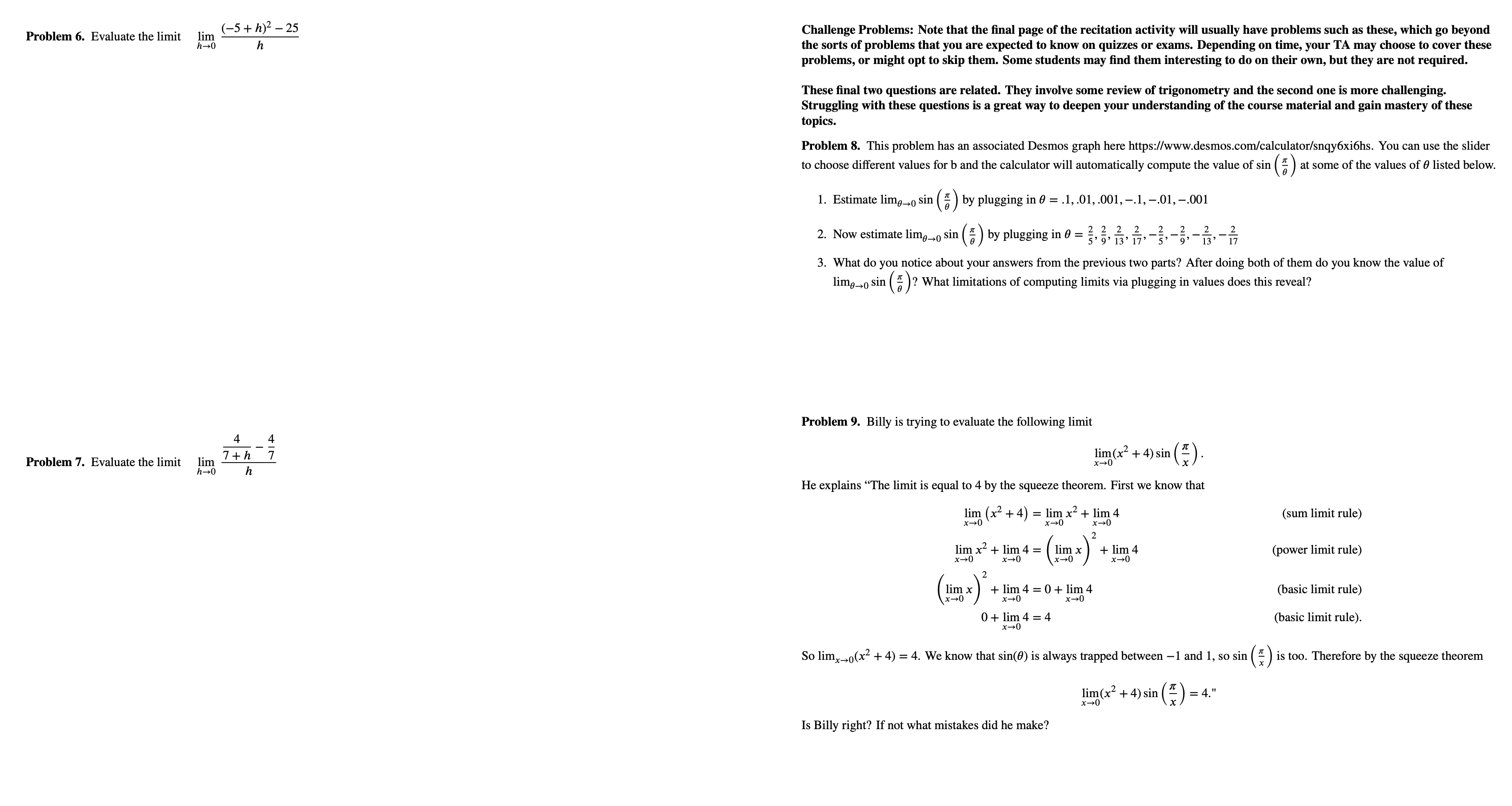 of problems that you are expected to know on quizzes or exams.