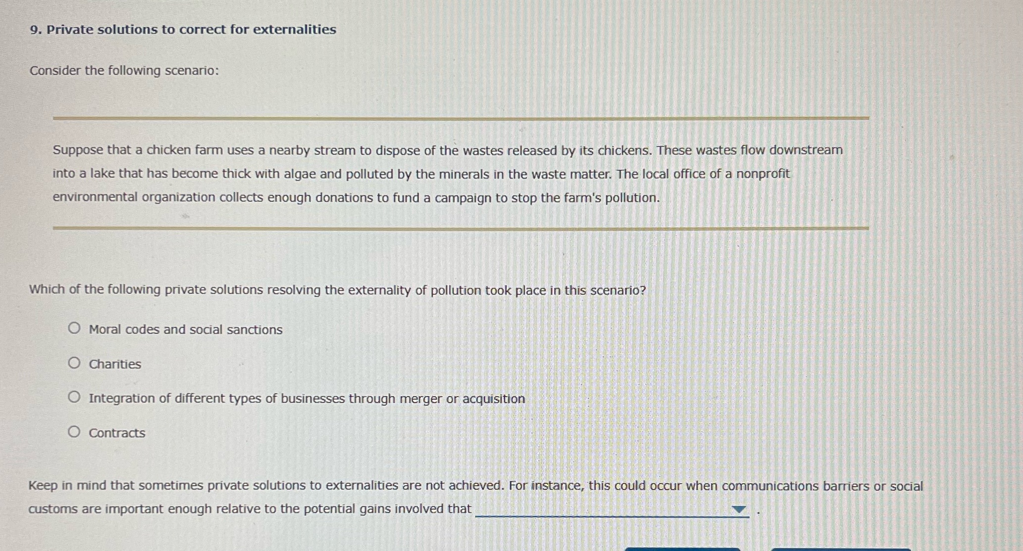 Suppose that a chicken farm uses a nearby stream to dispose of