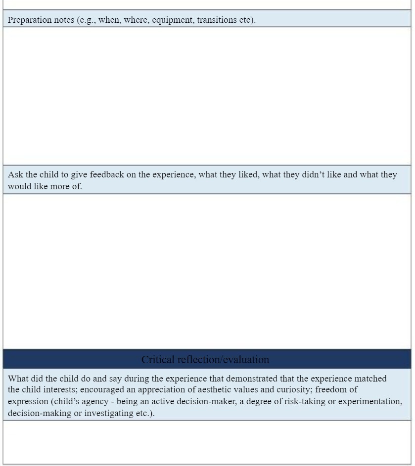 | Preparation notes (e.g., when, where, equipment, transitions etc). | '