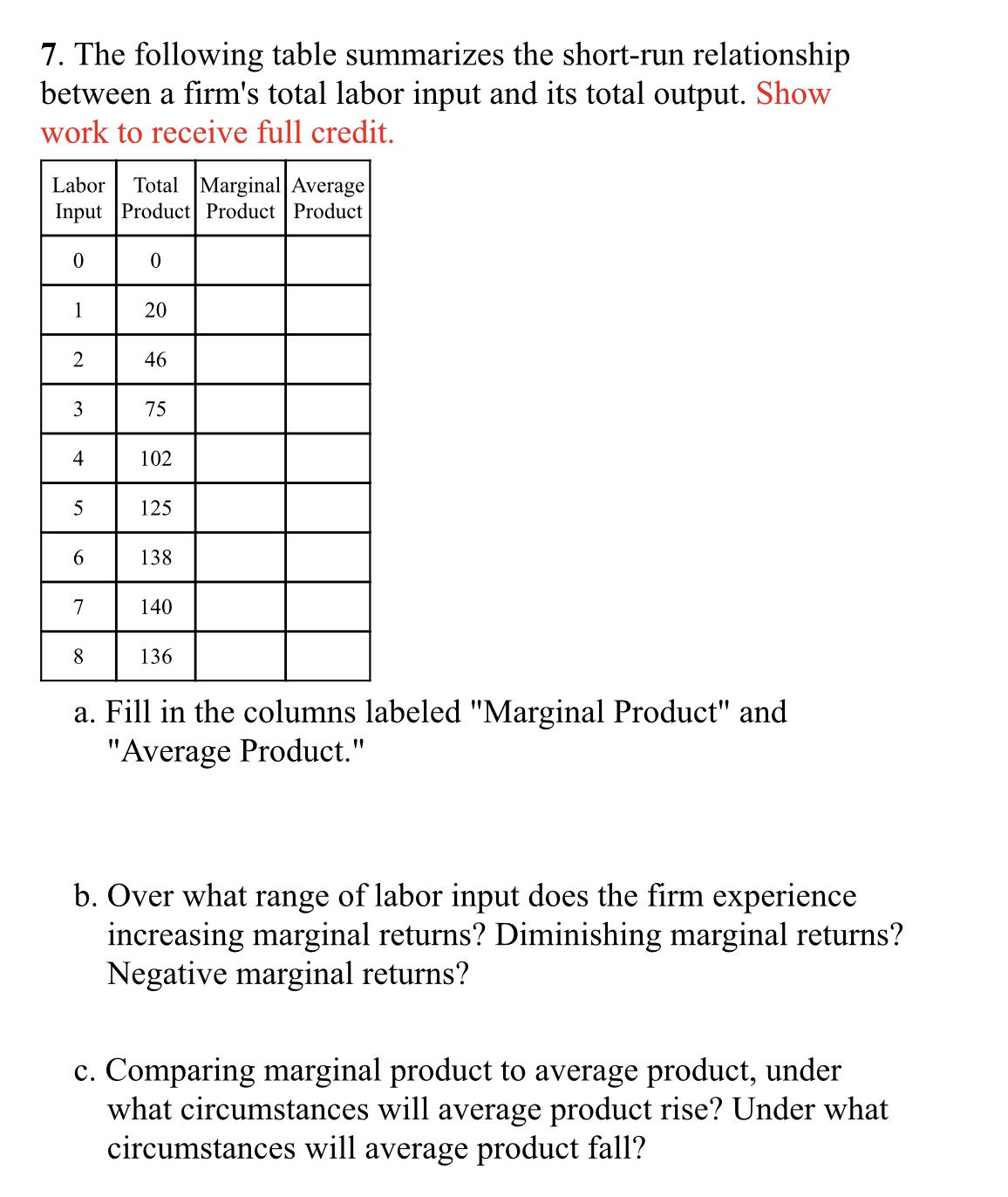 total labor input and its total output. Show work to receive full