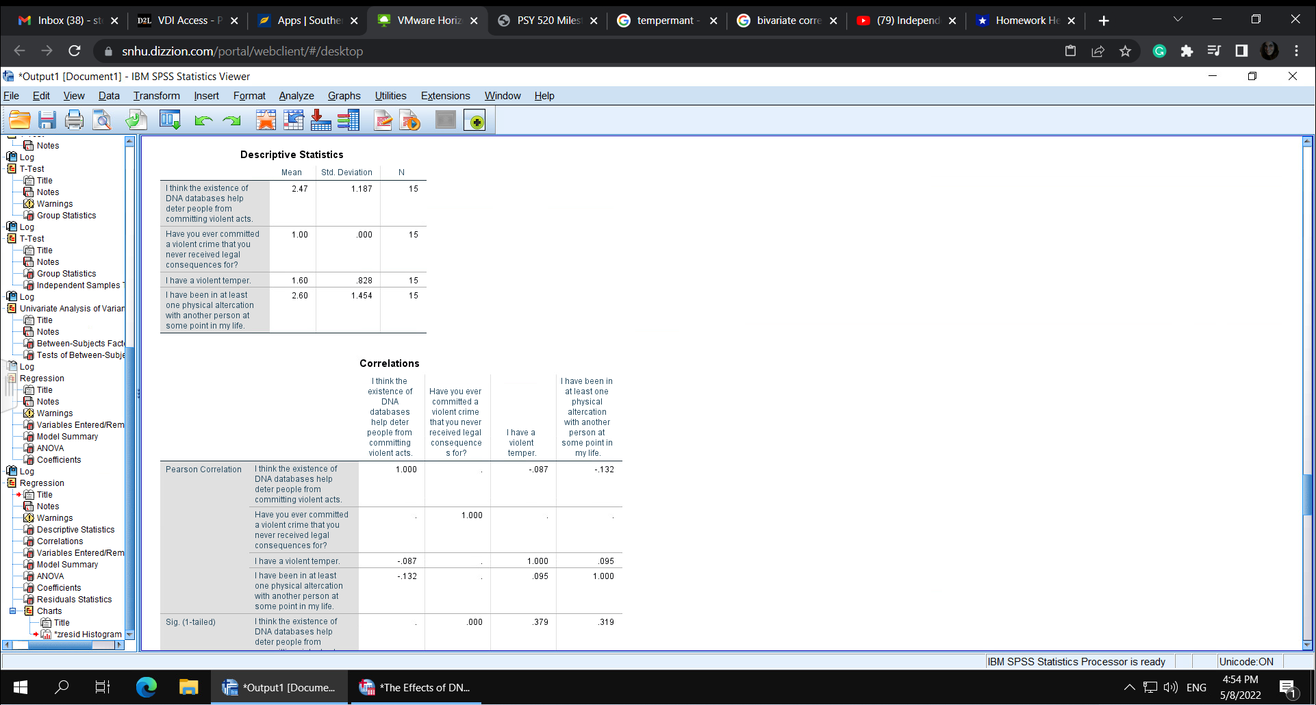 He X 7 X C snhu.dizzion.com/portal/webclient/#/desktop G *Output1 [Document1] - IBM SPSS