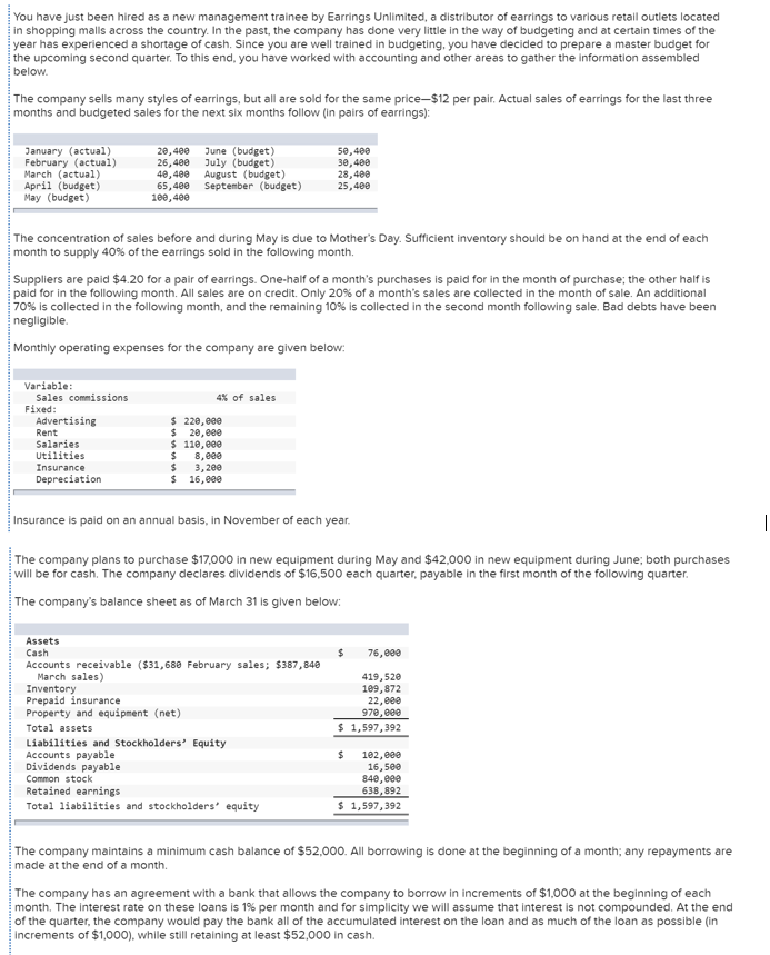 You have just been hired as a new management trainee by Earrings