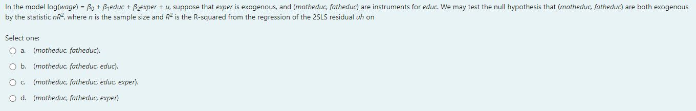 In the model log(wage) = + leduc + 2exper + u, suppose
