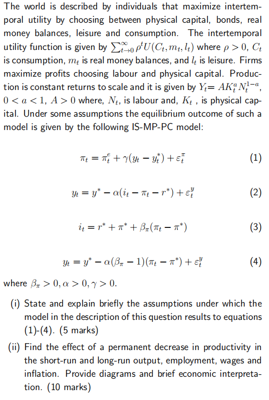 The intertemporal utility function is given by ZtopU(Ct, mt, l) where p