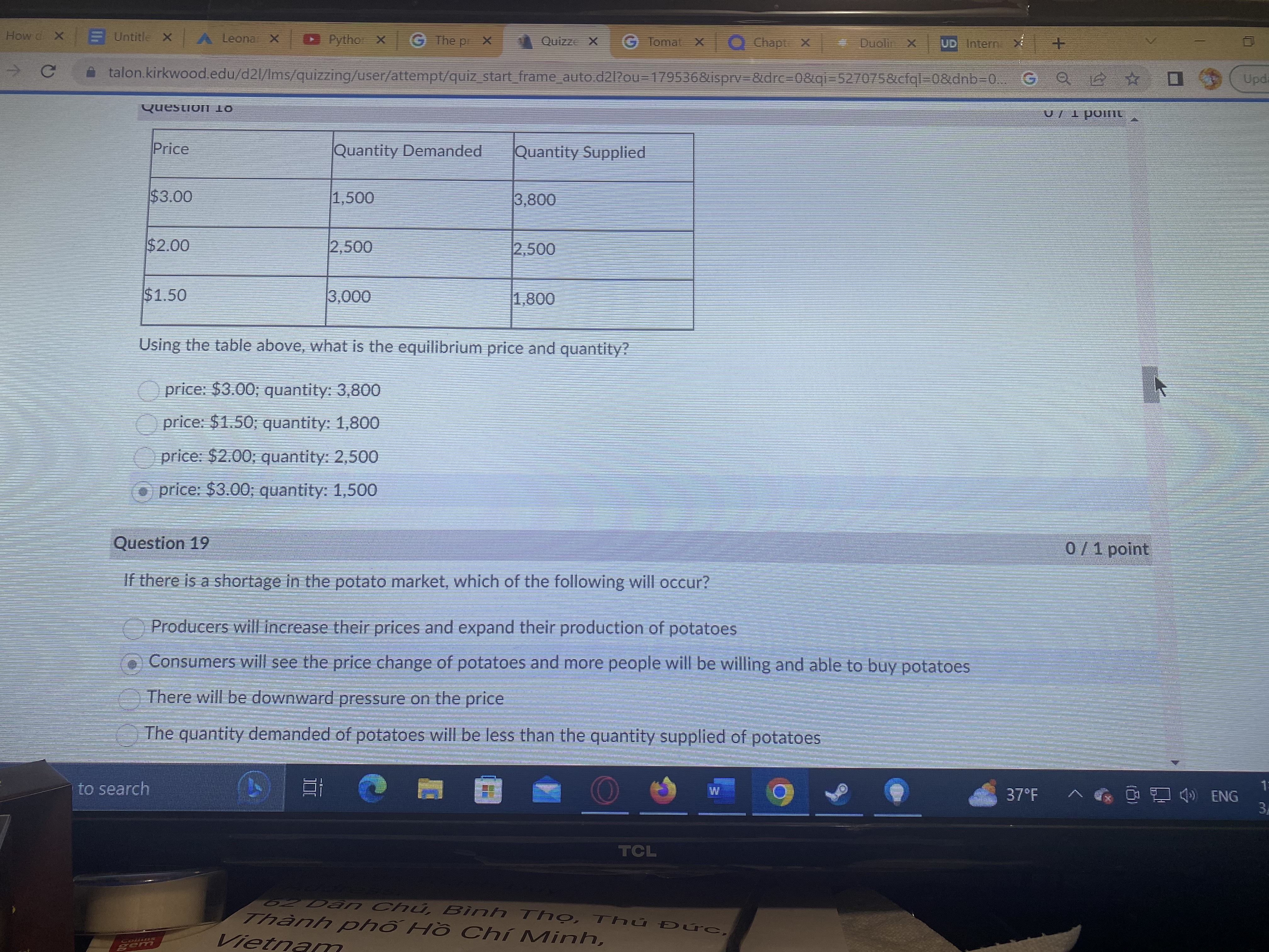 POHIL Price Quantity Demanded Quantity Supplied $3.00 1,500 3,800 $2.00 2,500 2,500