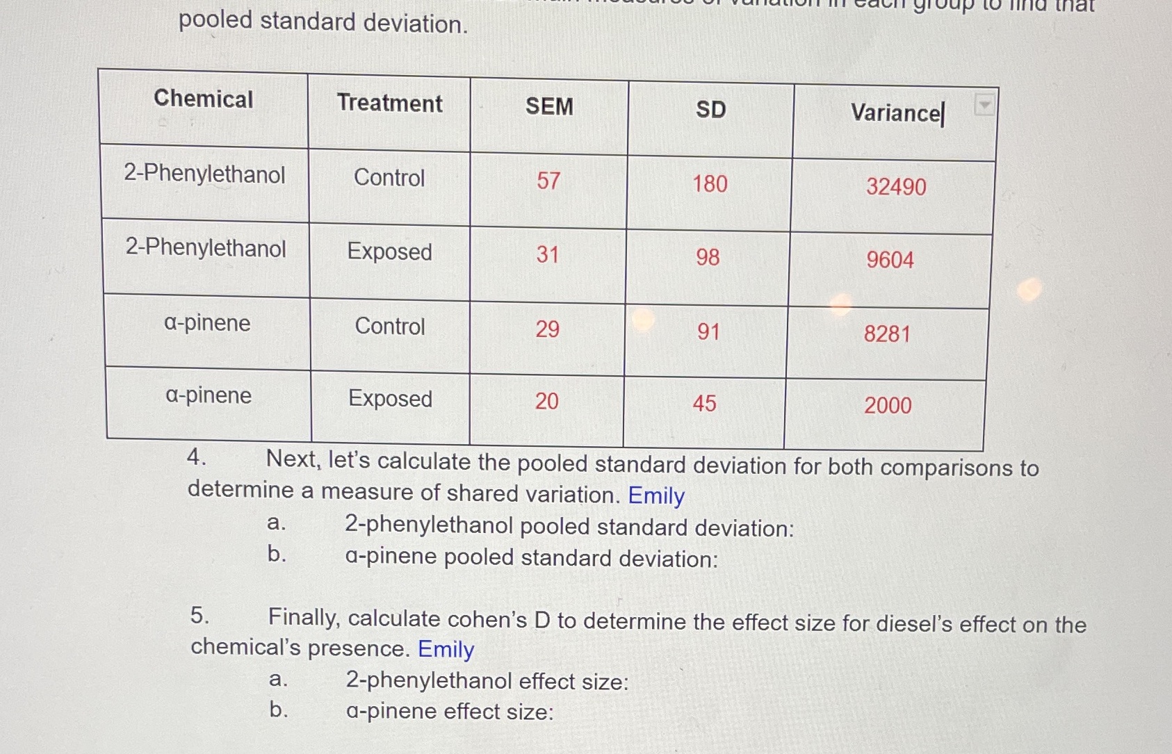 question 4 and 5 to find that pooled standard deviation. Chemical