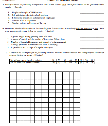 A Identify whether the following examples is a BIVARIATE data or