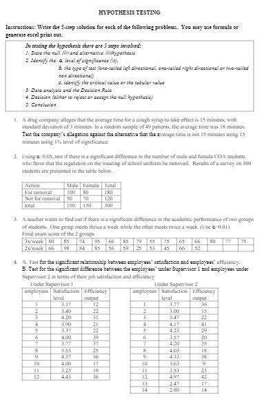  HYPOTHESIS TESTING Tostructions: Write the S-step solution for each of the