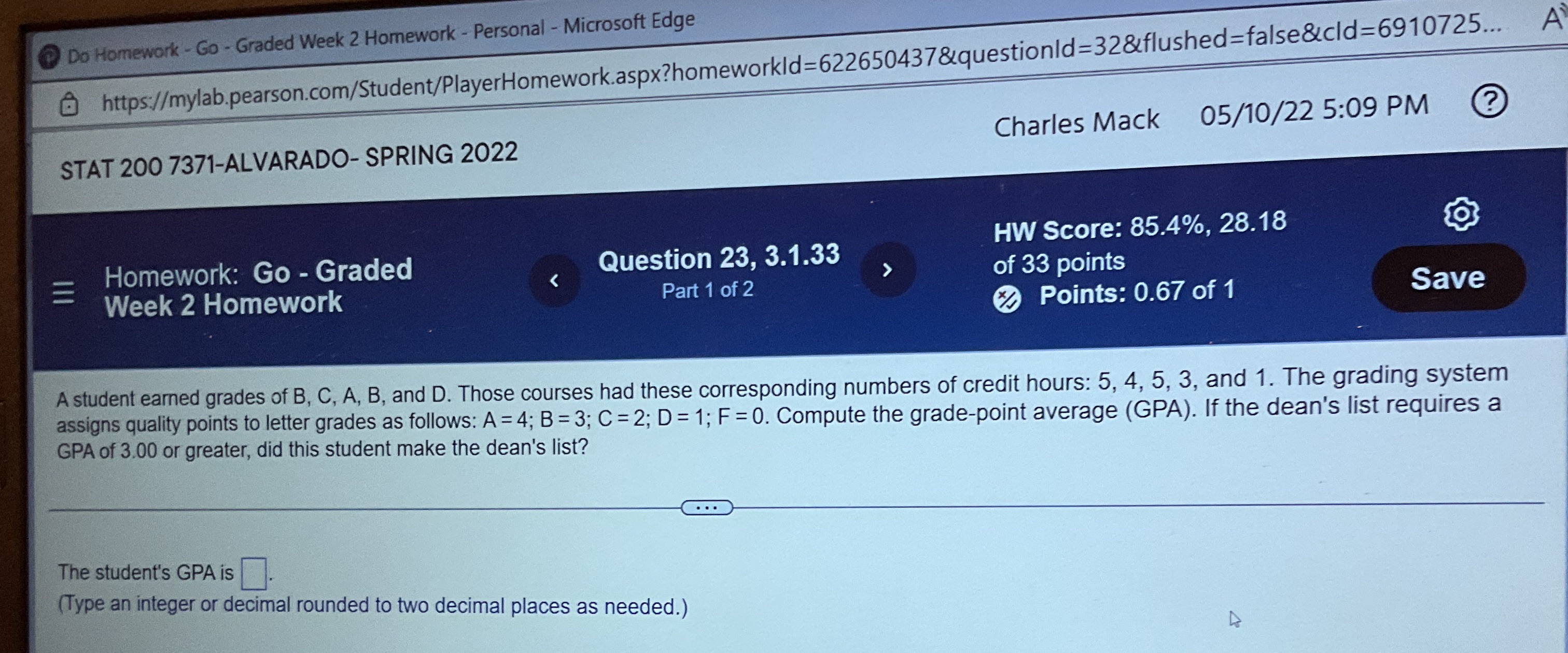 - Microsoft Edge A https://mylab.pearson.com/Student/PlayerHomework.aspx?homeworkld=622650437&questionld=32&flushed=false&cld=6910725... ? STAT 200 7371-ALVARADO- SPRING 2022 Charles