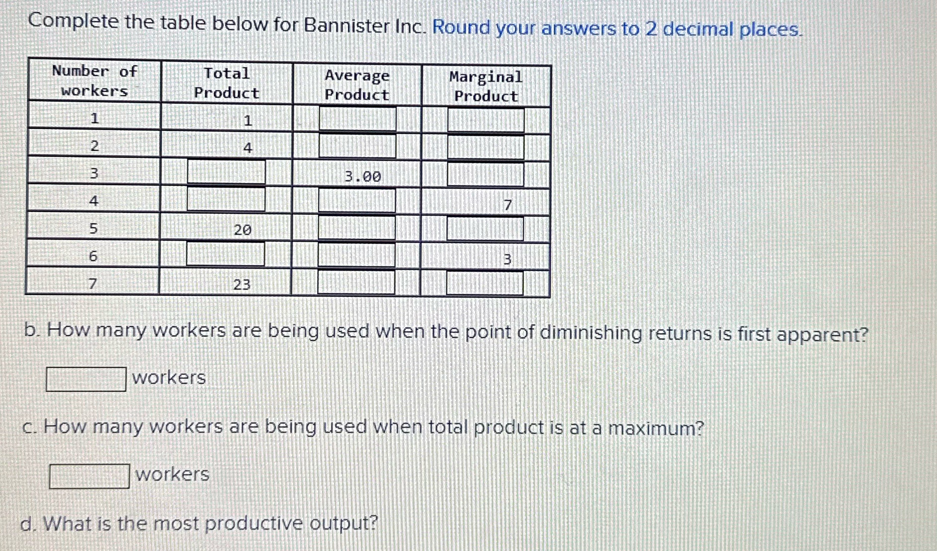 2 decimal places. Number of Total Average Marginal workers Product Product Product