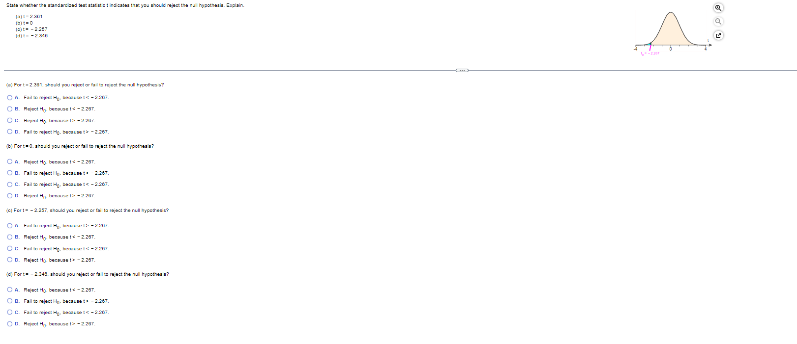 reject the null hypothesis. Explain. a) t= 2.361 (b) t= 0 (c)