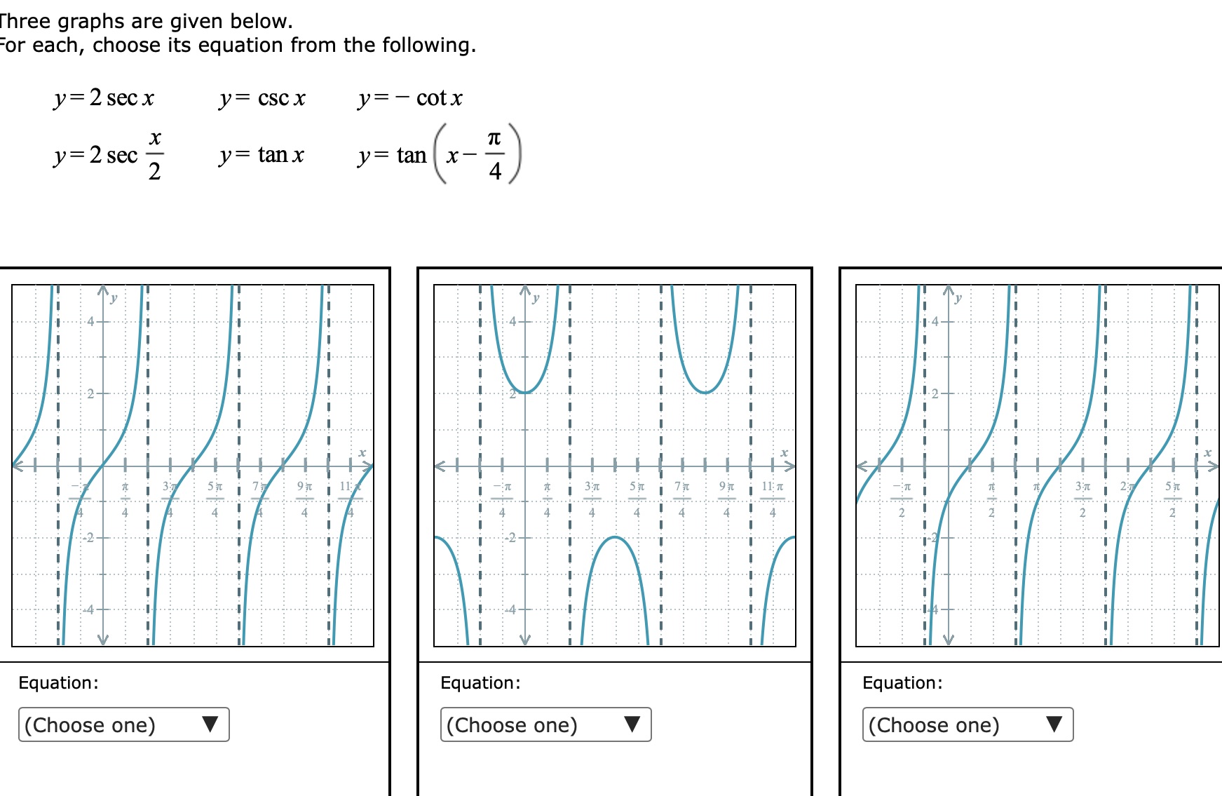 Three graphs are given below. or each, choose its equation from