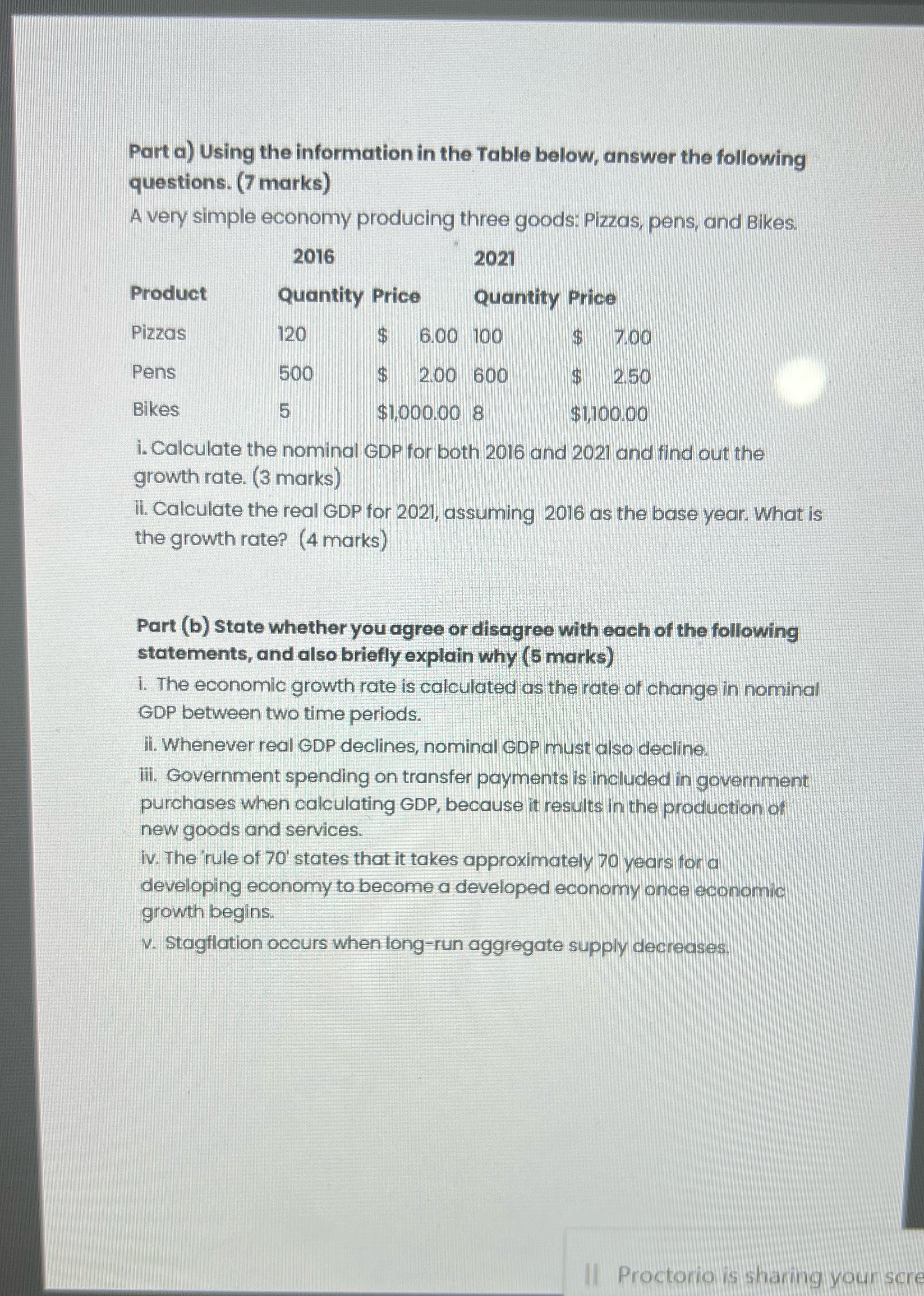 Part a) Using the information in the Table below, answer the