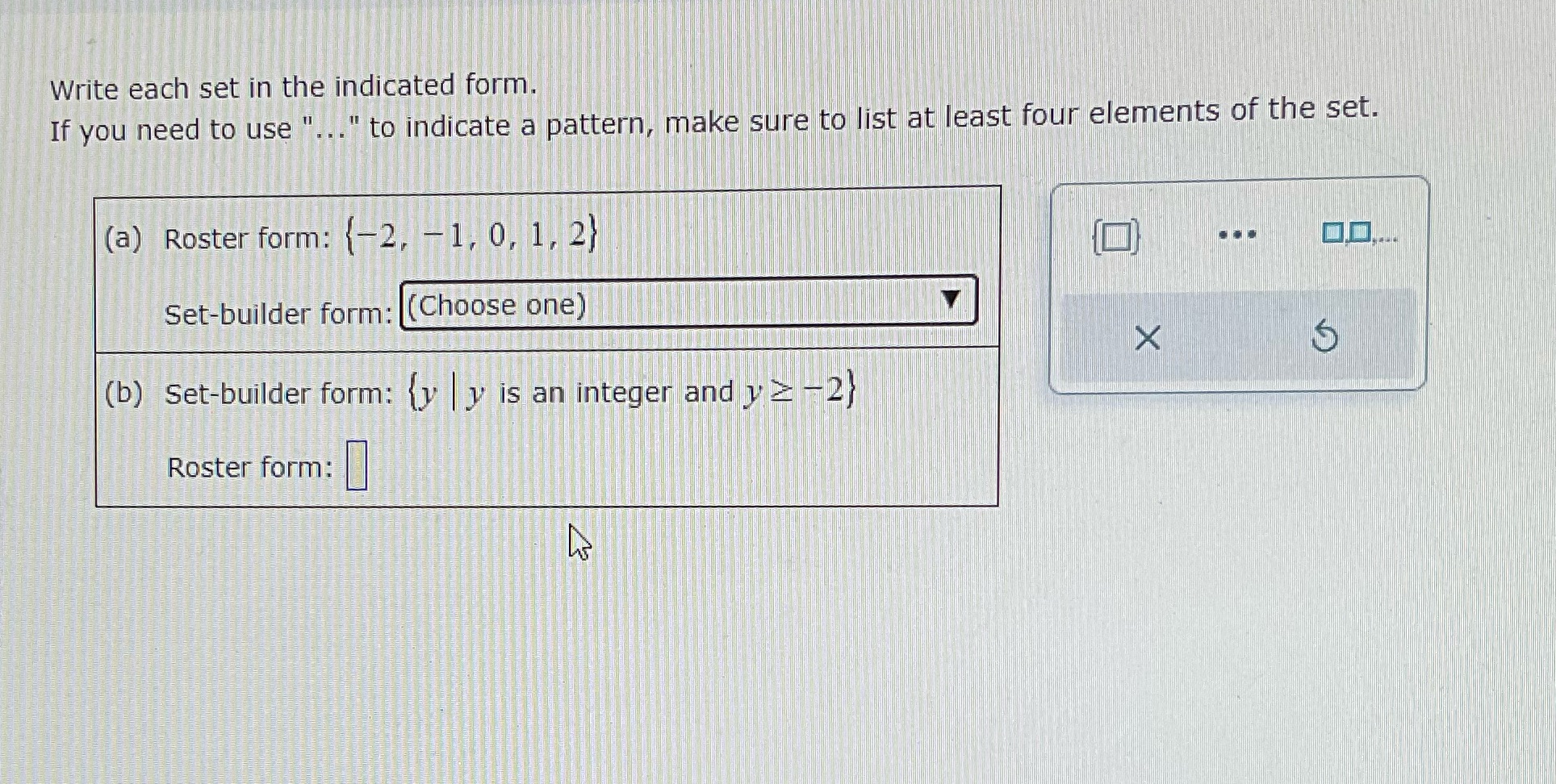 a) options{x|x is an integer and x_>-3}{x|x is an integer and