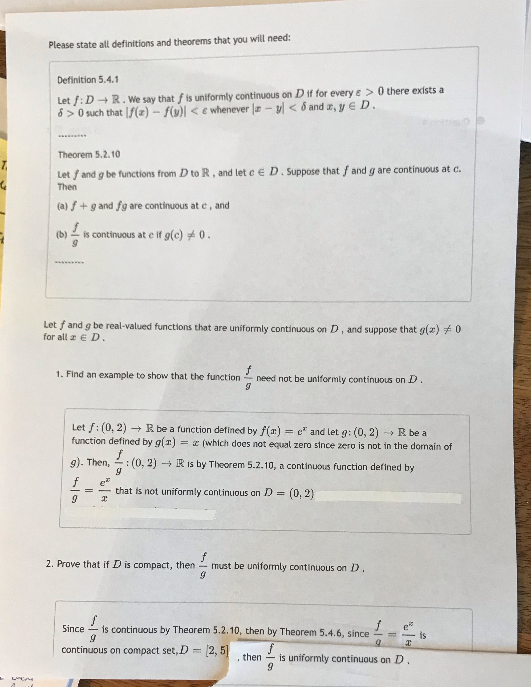 theorems that you will need: Definition 5.4.1 Let f: D -> R