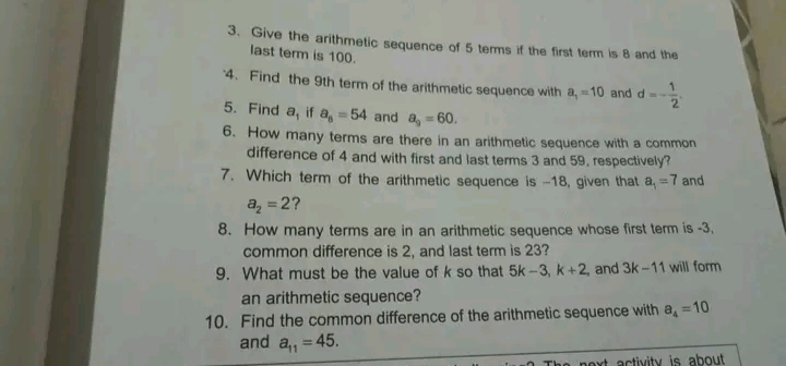 an arithmetic sequence a, = a, + (n-1)d to answer the following