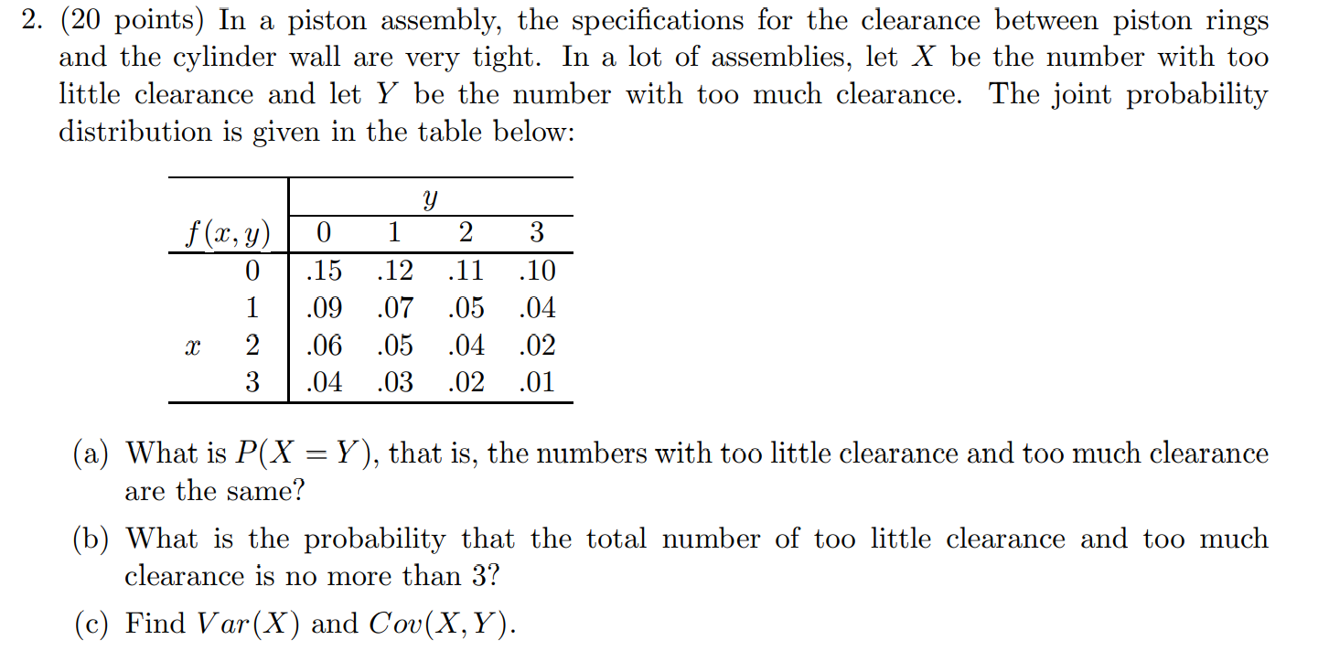 2. (20 points) In a piston assembly, the specications for the clearance