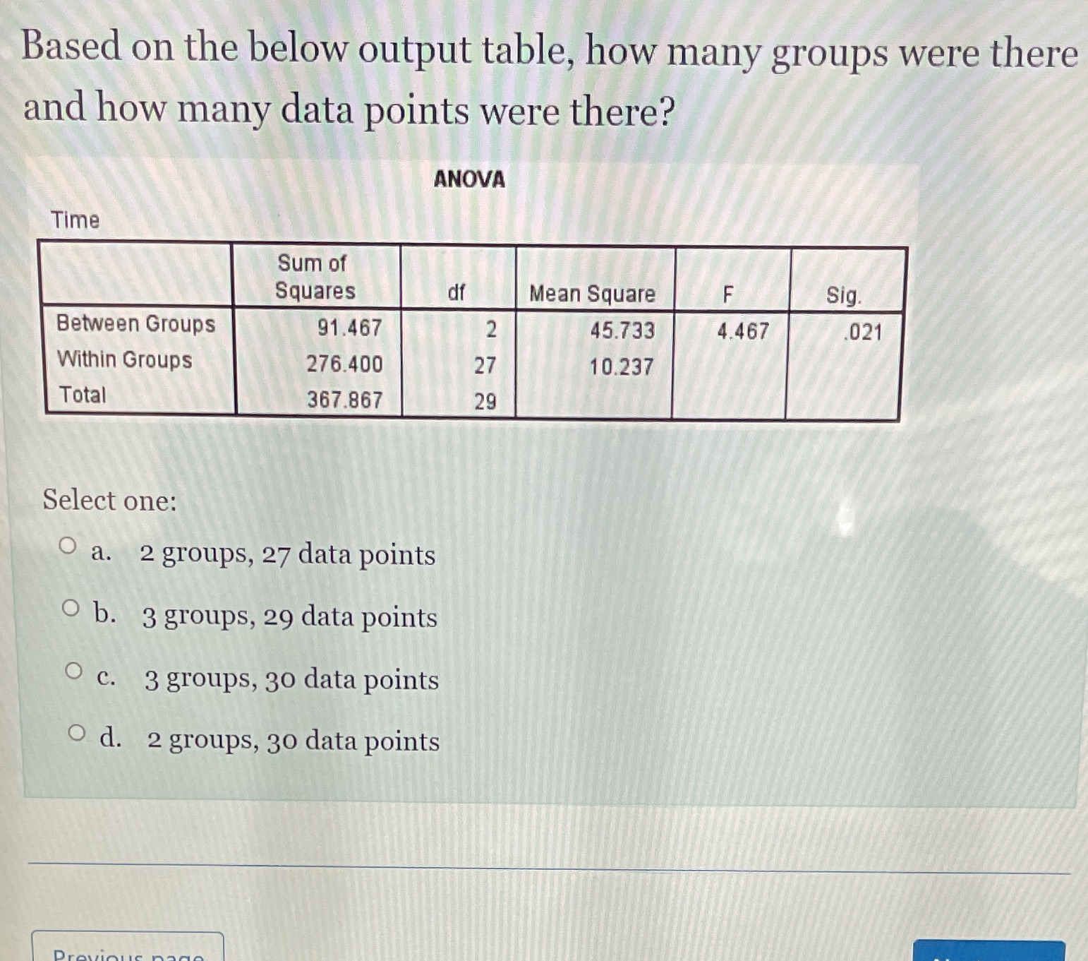 Based on the below output table, how many groups were there