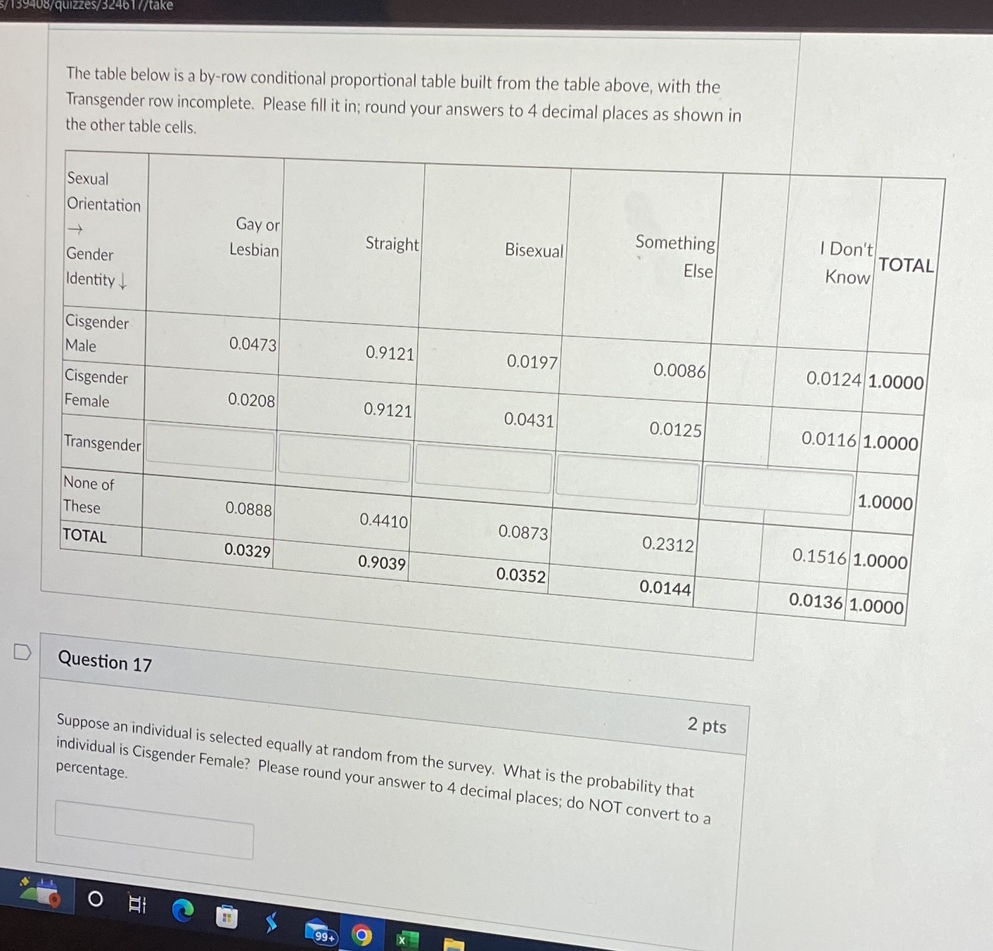 built from the table above, with the Transgender row incomplete. Please fill