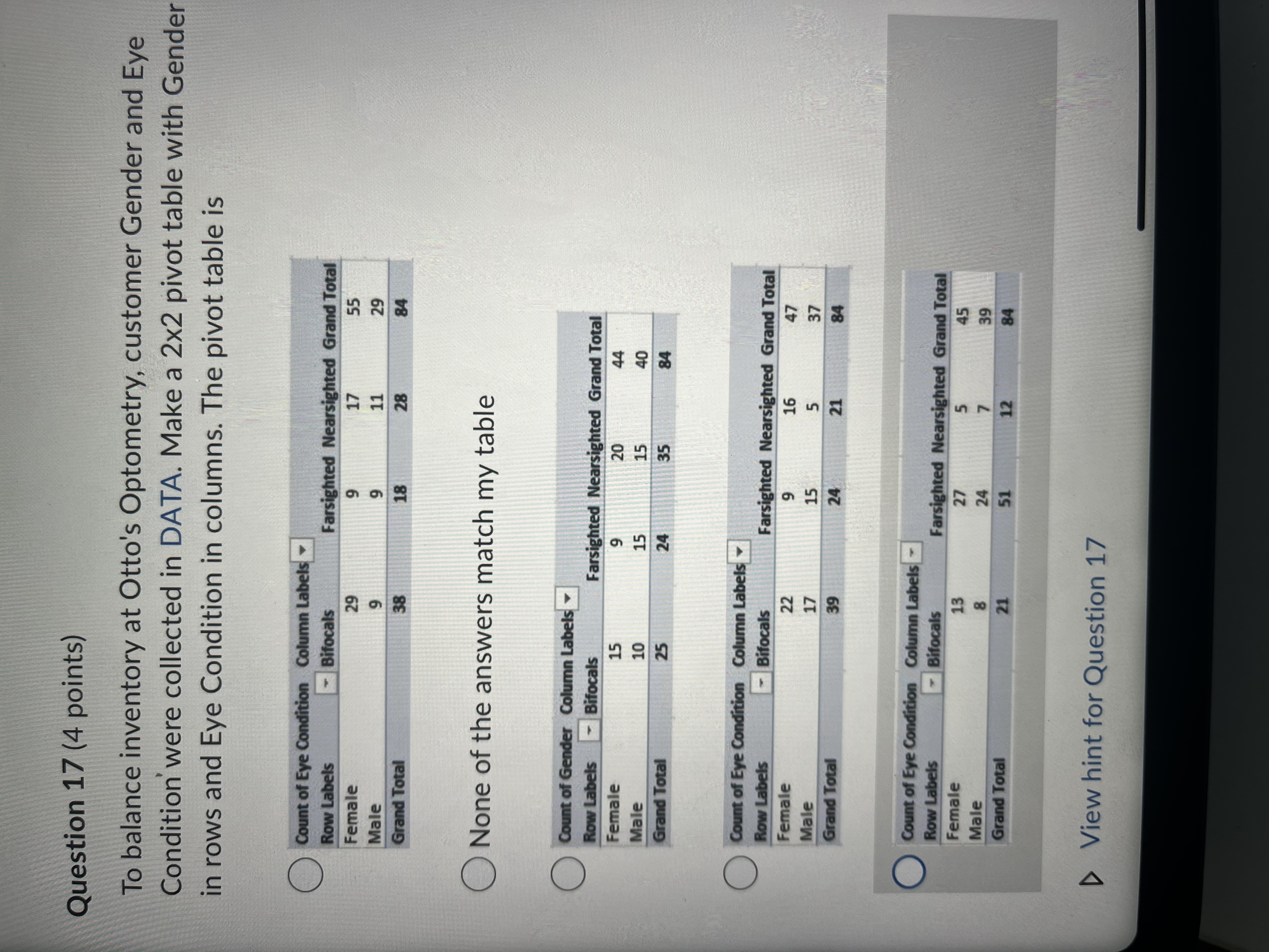 Bifocals Farsighted Nearsighted Grand Total 29 17 55 Female 29 Male 11