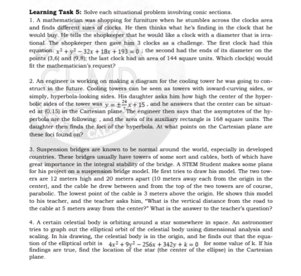 Functions" Learning Task 5: Solve each situational problem involving conic sections. 1.