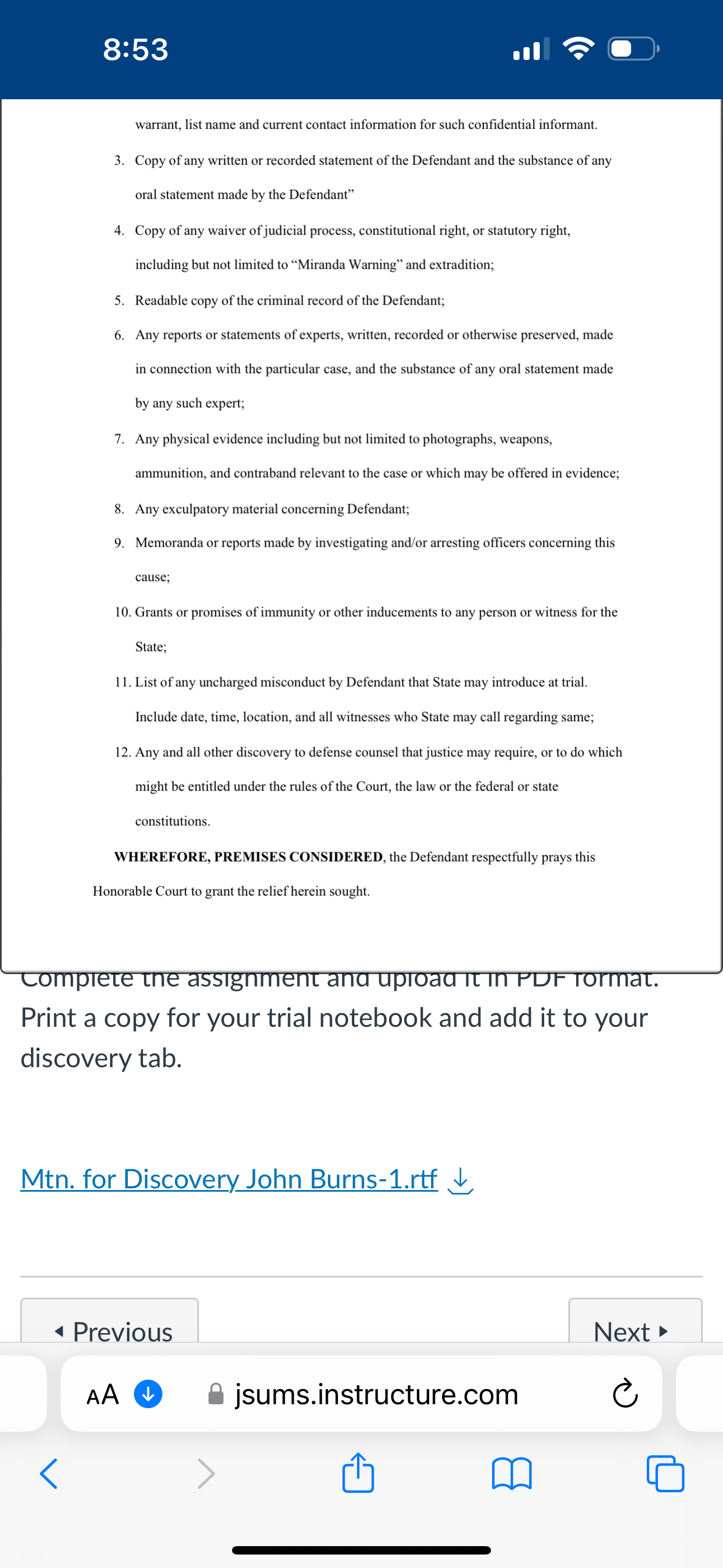 by and through his Attorney, and requests this Honorable Court to order