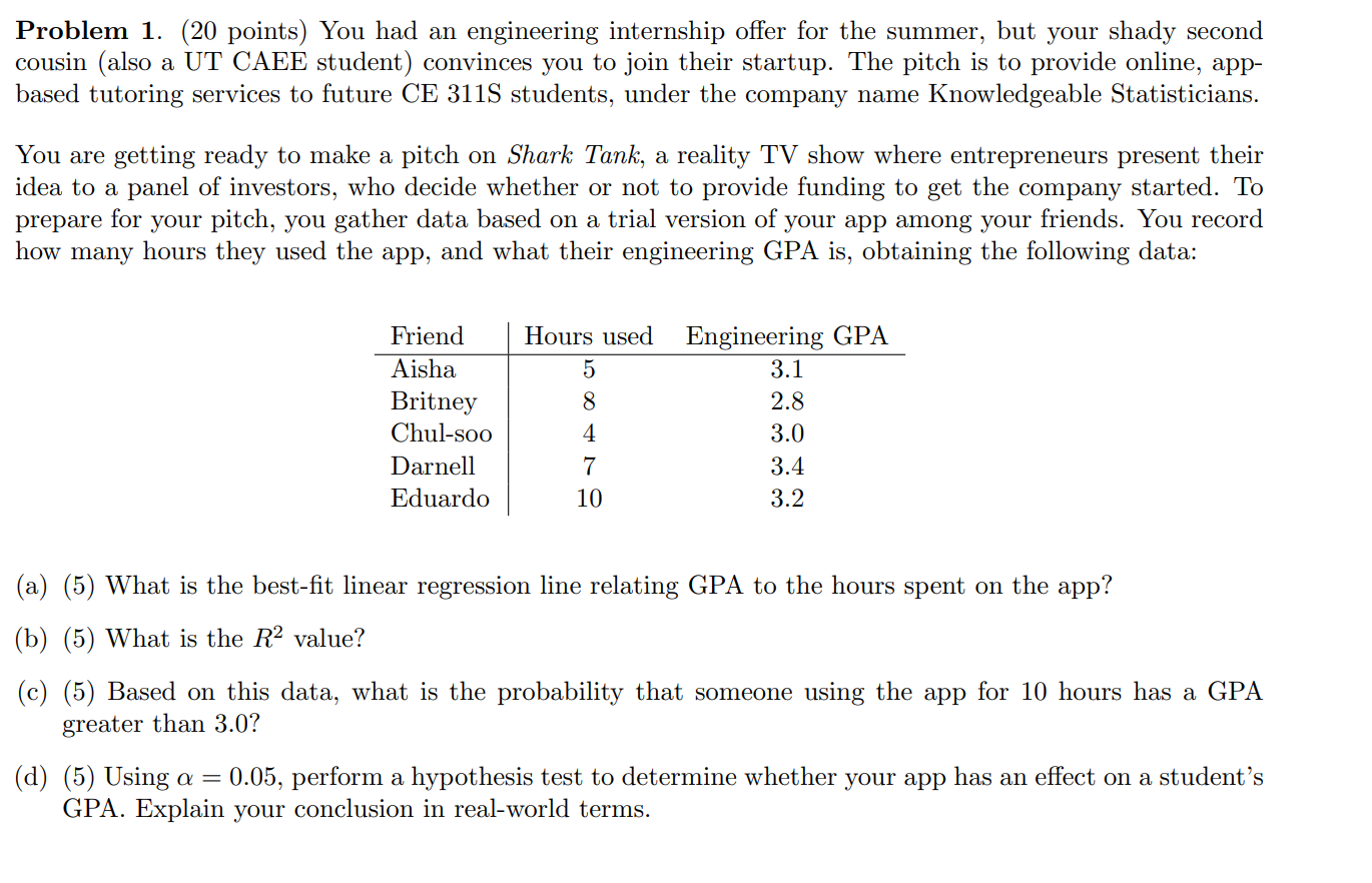 1. (20 points) You had an engineering internship offer for the summer,