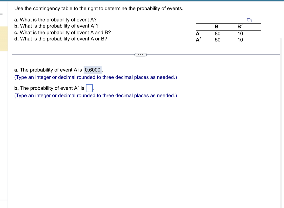 P(A|B') = D (Round to two decimal places as needed.) Use the