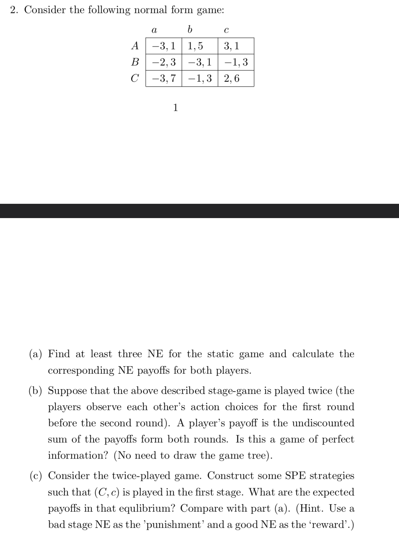 2. Consider the following normal form game: (a) (b) a b