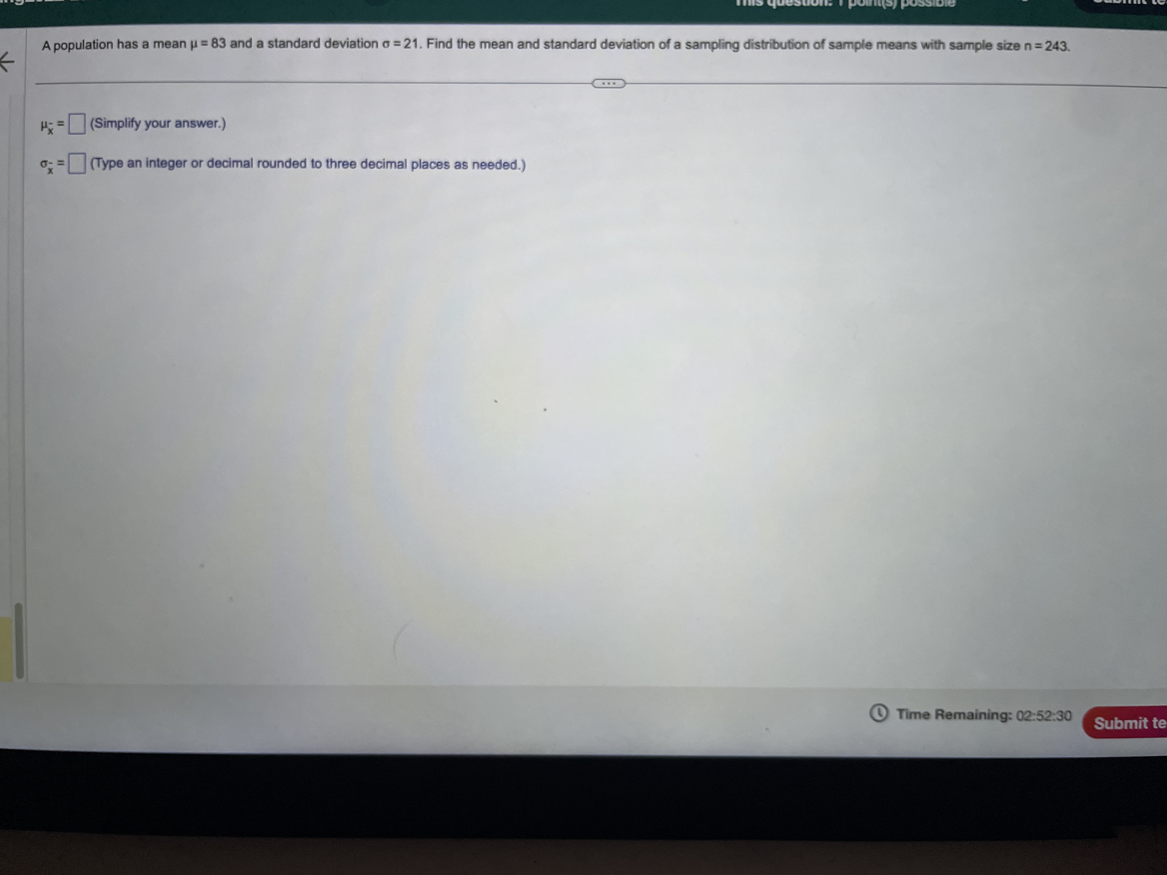 A population has a mean u = 83 and a standard