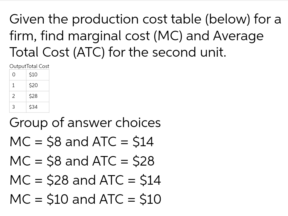 Given the production cost table (below) for a firm, find marginal cost