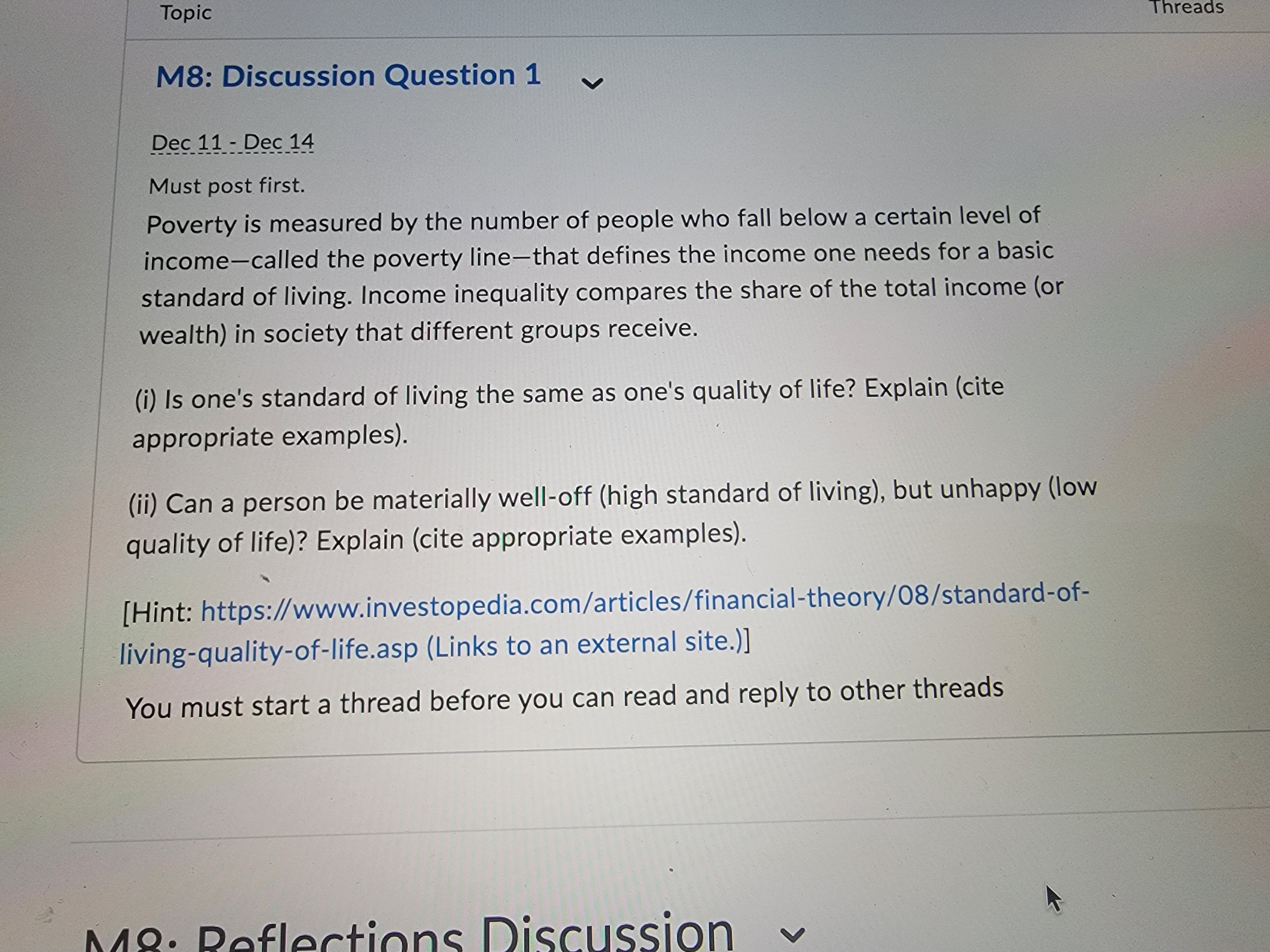  Topic Threads M8: Discussion Question 1 Dec 11 - Dec 14