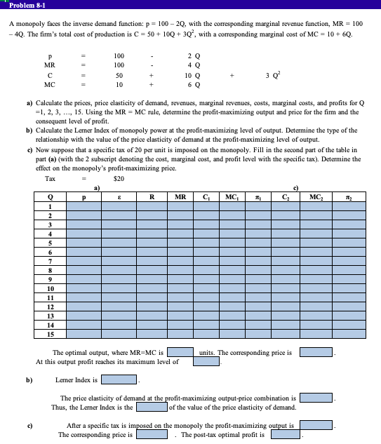  Problem 8-1 A monopoly faces the inverse demand function: p =